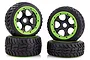 A set of four Rovan Tarmac Buster II RC buggy wheels with black rims and bright green beadlock rings, arranged in two stacks against a white background.