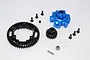 GPM Racing 18T pinion and 53T spur gear set with blue aluminium adapter, screws, and hardware on a white background.