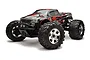 HPI Savage Flux HP 1/8 scale electric RC monster truck with black and red flame body, chrome wheels, and large off-road tires on a white background.