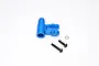 A blue anodized aluminium steering post component for an RC car, accompanied by two black screws and a small metal washer on a white background.