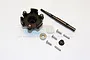 GPM Racing black aluminium cush drive housing and input shaft set with included screws, bearings, and pins on a white background.