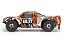 Side profile of an HPI Blitz 1/10 scale RC short course truck with orange, black, and silver livery on a white background.