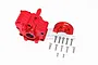 GPM Racing red anodised aluminium centre gearbox set with mounting screws on a white background.