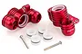A pair of red anodized aluminium steering hubs for RC cars by GPM Racing, including four white plastic bushings and two metal screws.