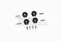 Four black aluminium RC wheel hex adapters with four metal pins and four small screws arranged on a white background.