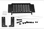 GPM Racing black stainless steel rear side window tool box kit with table, mounting brackets, hardware, and Jeep logo decals.