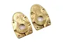 Two Yeah Racing brass high mass rear portal axle covers with a machined finish and YR logo on a white background.