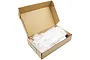 An open cardboard box containing unpainted white plastic RC body parts wrapped in protective plastic bags.