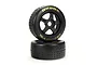 Two ARRMA dBoots Hoons belted RC car wheels with black 5-spoke rims and gold lettering on a white background.