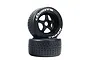 Two ARRMA dBoots Hoons belted RC car wheels with black five-spoke rims stacked on a white background.