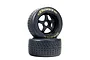 Two ARRMA dBoots Hoons belted RC car wheels with black five-spoke rims and gold lettering on a white background.