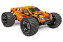HPI Bullet ST Flux 1/10 scale RC stadium truck with orange and black flame bodywork, large off-road tires, and chrome wheels on a white background.