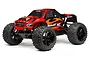HPI Bullet MT Flux 1/10 scale electric RC monster truck in red and black with flame graphics, shown from a front-quarter angle on a white background.
