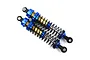 Two Yeah Racing 90mm blue aluminium big bore shock absorbers for 1/10 RC cars, featuring gold threaded bodies and black springs.