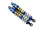 Two Yeah Racing 100mm big bore RC shock absorbers with blue anodized aluminum caps and collars, gold bodies, and black springs.