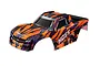 A pre-painted orange and purple Traxxas Hoss 4x4 VXL RC truck body shell on a white background.