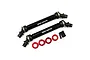 Two Yeah Racing black HD steel centre drive shafts for Axial Capra with red aluminium rings and small screws on a white background.