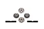 Traxxas centre differential gear set including four small metal bevel gears and two black metal cross pins arranged on a white background.