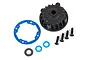 Traxxas Hoss 4x4 VXL centre differential housing set including a black plastic housing, blue gasket, screws, and washers.