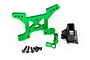 A green anodized aluminium front shock tower for an RC car, including two green standoffs, a black plastic mount, and five black screws.