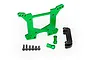 Traxxas green anodized aluminium rear shock tower with black plastic mount, green standoffs, and six black screws on a white background.