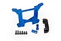 Traxxas blue anodized aluminium rear shock tower with two blue standoffs, a black plastic brace, and six black screws on a white background.