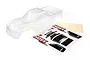 A clear, unpainted Traxxas Hoss 4x4 VXL RC truck body shell with a decal sheet included on a white background.