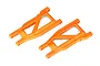 Two bright orange heavy-duty suspension arms for a Traxxas RC vehicle, shown from a top-down perspective on a white background.