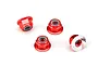 Four red anodized aluminium flanged serrated nyloc nuts for RC vehicles on a white background.