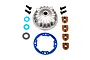 Traxxas aluminium centre differential housing set including a metal housing, blue gasket, screws, washers, and small metal inserts.