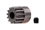 A 13-tooth metal pinion gear for RC cars, shown with a small black grub screw on a white background.