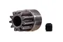 A metallic 11-tooth pinion gear and a small black grub screw isolated on a white background.