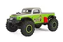 Axial SCX24 B-17 Betty limited edition RC rock crawler truck in lime green and silver with pin-up style graphics on a white background.