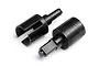 Two black metal differential outdrive cups for RC cars, shown from different angles on a white background.