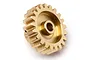 A brass 21-tooth pinion gear for RC cars, shown from a three-quarter angle on a white background.