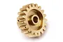 A brass 19-tooth pinion gear for RC vehicles, shown from an angled perspective against a white background.