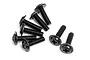 A cluster of eight black metal washer head screws with Phillips drive heads, arranged on a plain white background.
