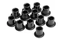 A collection of twelve small black flanged bushings arranged on a white background.