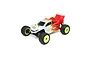 A studio shot of the Losi Mini-T 2.0 1/18 scale RC stadium truck in red, white, and yellow livery with neon yellow wheels.