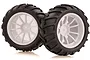 Two black off-road RC monster truck tyres mounted on white multi-spoke plastic rims, shown against a white background.
