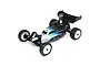 A studio shot of a Losi Mini-B 2.0 1/16 scale 2WD RC buggy in black with white and yellow accents, shown from a high-angle front three-quarter view.