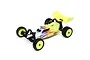 Losi Mini-B 2.0 1/16 scale RC buggy in yellow with a white and orange flame decal design on a white background.