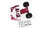 A GPM Racing red aluminium rear wheelie bar and wing mount set for RC cars, including metal brackets, wheels, and various screws on a white background.