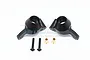 Two black aluminium rear hubs for an RC car, with two screws and two brass bushings, set against a white background.