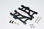 Two black aluminium rear lower suspension arms for Tamiya TT-02B with included screws, pins, bushings, and E-clips on a white background.