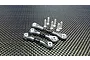 Three black adjustable aluminium tie rods with plastic rod ends and included metal screws arranged on a carbon fiber texture background.