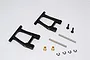 A pair of black aluminium rear lower suspension arms for an RC car, including metal pins, brass bushings, screws, and E-clips on a white background.