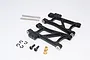 Two black aluminium front lower suspension arms for Tamiya TT-02B with included metal pins, screws, e-clips, and brass bushings on a white background.