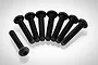 A set of eight black metal button head screws arranged in a fan shape on a white background.