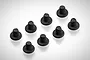 A set of eight black metal button head screws arranged in a grid pattern against a white background.
